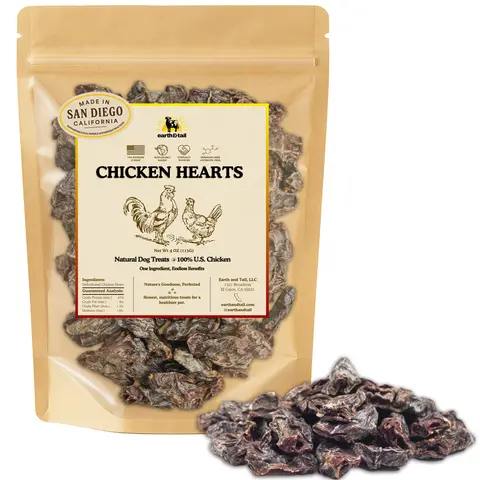 Earth & Tail Chicken Hearts - 4oz 100% U S Chicken - 4 oz Bag - Natural Dog Treats - Supports Heart Muscle Health - Rich in B Vitamins Iron & Zinc - High Protein Single Ingredient