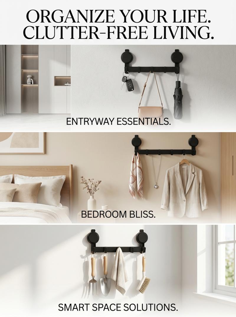 Suction Cup Adhesive Hooks - 5-Hook Black Wall Rack, Drill-Free Repositionable, Rust-Resistant Space Aluminum, Over-the-Door Coat Hanger for Entryways & Bathrooms