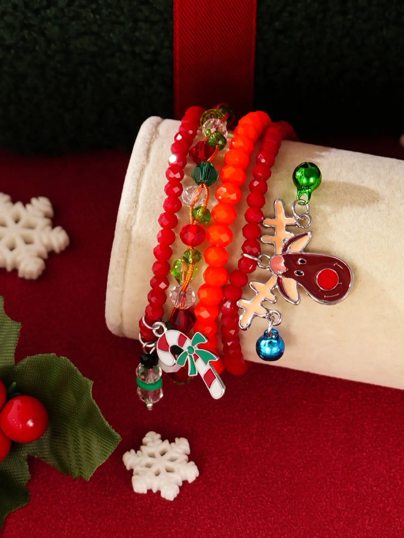 Women Christmas Party Fashion Accessories Set, 4-Piece Crystal Deer & Candy Cane Jewelry Bracelet, Perfect Gift for Women