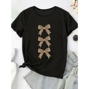Women'S Plus Size T-Shirt with Leopard Print Bow, Casual Crew Neck, Knit Fabric, Medium Stretch, Geometric Pattern, 95% Polyester 5% Elastane, 180gsm, Spring/Summer Fashion Top