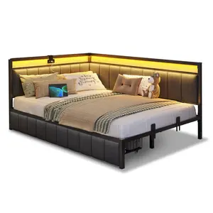 Full LED Daybed with Line Fabric Upholstered Fence and Charging Station Gray