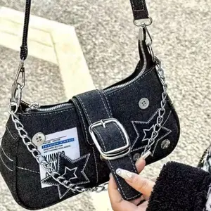 Y2k Fashion Women's Handbags Stars Pattern Cool Girls Underarm Bag Vintage Canvas Female Small Shoulder Bags Chain Tote Purses