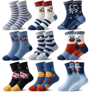 9 Pairs Kids Boys Toddlers Fuzzy Socks With Grips Non Slip Slipper Socks Fluffy Cozy Cabin Plush Warm Crew Winter Thick Fun Cozy Hospital Socks