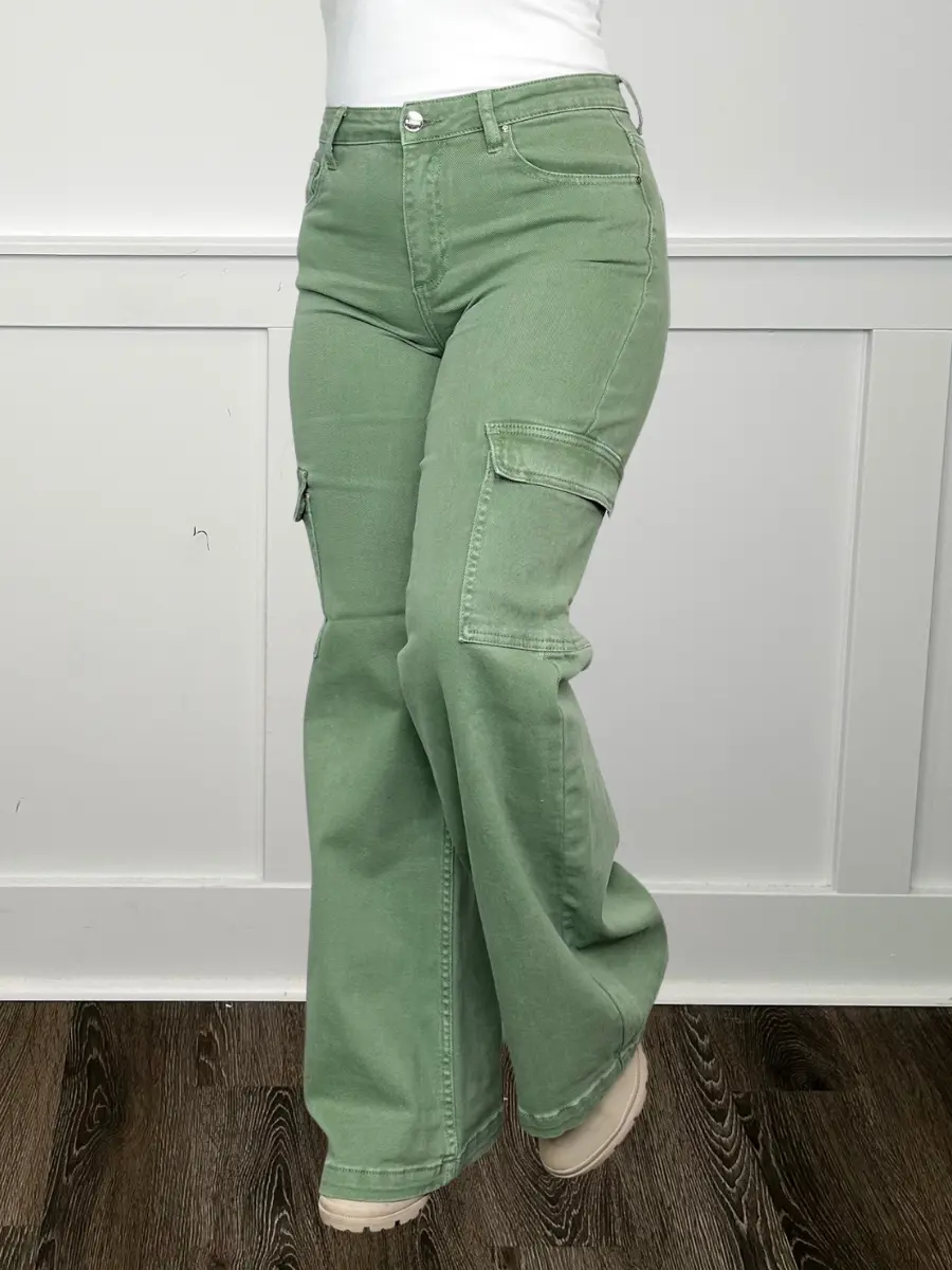 Women's Risen Beverly High-Rise Wide Leg Denim Cargo Jeans - Sage, Spandex-Cotton Blended, Chic Style Women's Clothing Bottoms