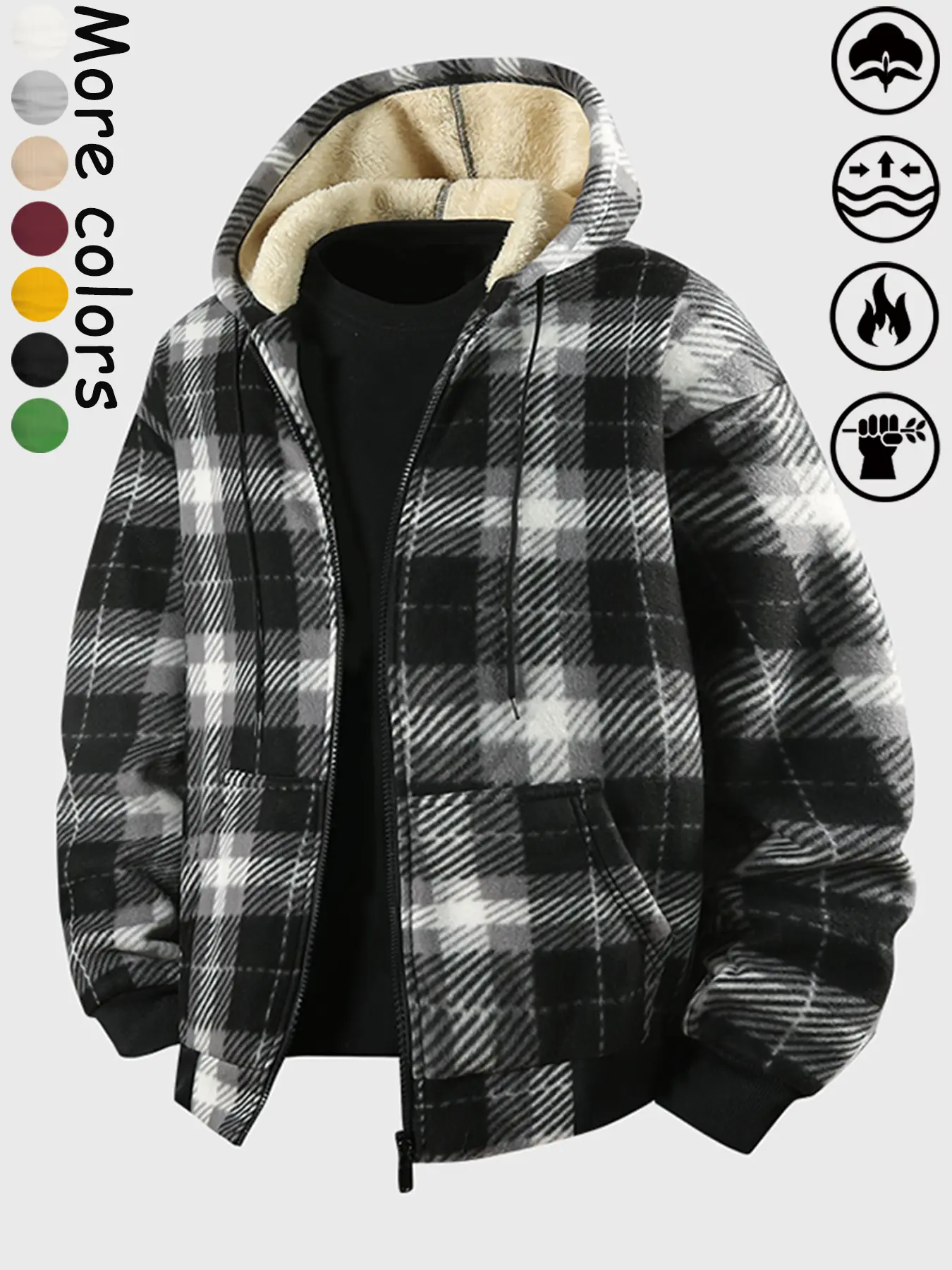 Men's Thick Fleece Lined Hooded Sweatshirt Jacket, Waterproof Casual Style, Fall & Winter Wear, Moderate Fabric Thickness