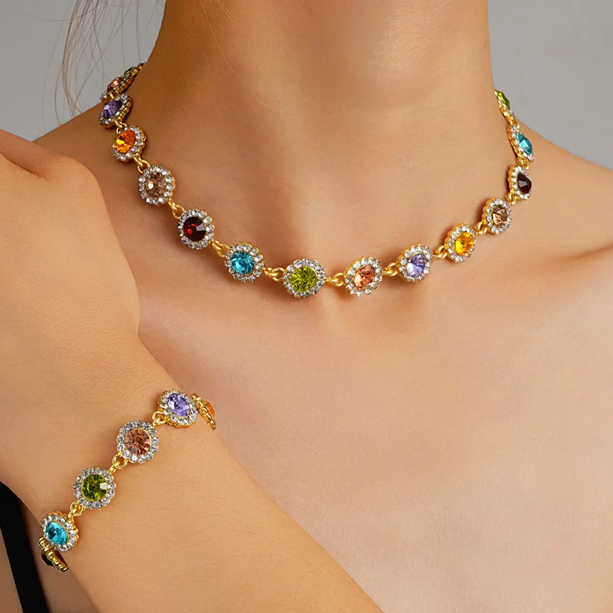 Women's French-Inspired Dopamine Color 2-Piece Necklace & Bracelet Set - Synthetic Zircon, Light Luxury, High-End, Low-Allergy, Formal & Wedding Costume Jewelry
