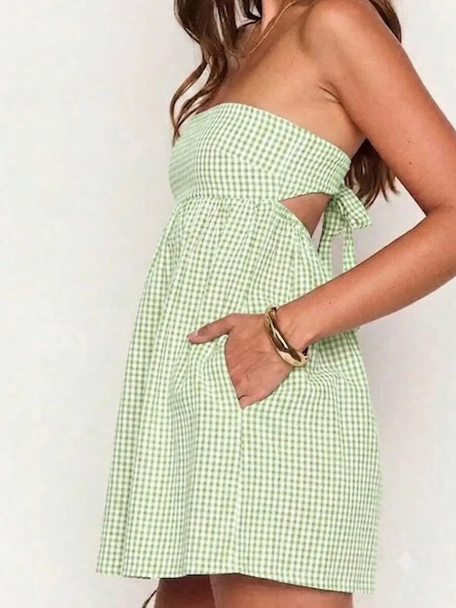 Women Summer Off Shoulder Plaid Bandeau Mini Dress Strapless Tube Top Casual Dress With 2 Pockets!!!