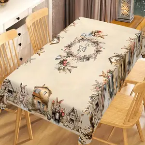 EastJia Made in USA Polyester Rectangle Easter Bunny & Egg Print Tablecloth, Beige Wreath Border, Washable Reusable, Durable Easy-Care, Ideal for Kitchen & Dining Room Decor