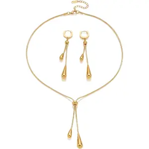 18K Gold Plated Stainless Steel Teardrop Jewelry Set for Women Adjustable Lariat Necklace and Earrings Minimalist Elegant Gift for Birthday Valentine's Day,summerwins