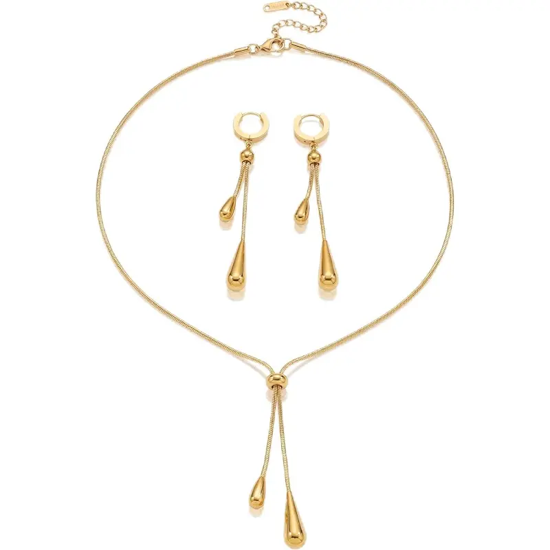 18K Gold Plated Stainless Steel Teardrop Jewelry Set for Women Adjustable Lariat Necklace and Earrings Minimalist Elegant Gift for Birthday Valentine's Day
