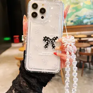 Butterfly Knot Phone Case, Transparent Tpu Cover with Lanyard, Anti-Drop Protective Case for iPhone 11/12/13/14/15/16/17 Pro Max