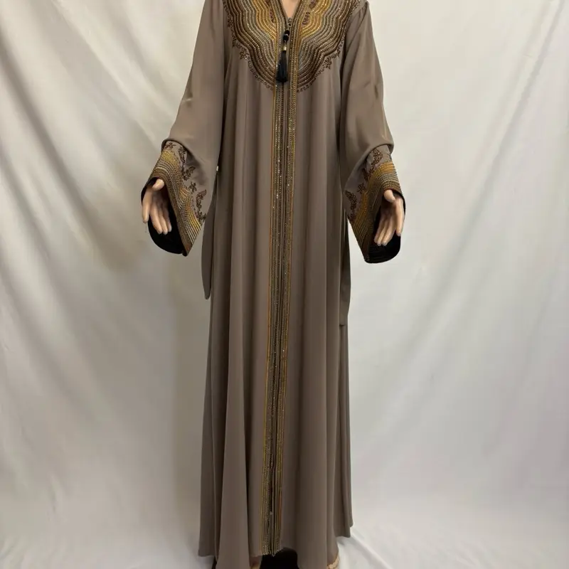 Pistachio Green Abaya with Embroidery Design Rhinestones and Belt Women's Fashionable Long Dress