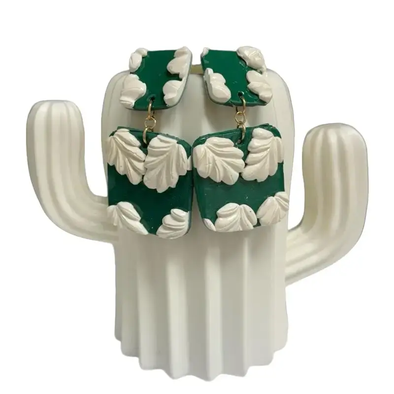 Clay Earrings - Green and White Cactus Design Clay Jewelry Piece