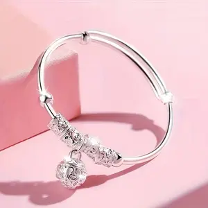 Elegant 925 Pure Silvery Bracelet with Exquisite Lace Design & Pendant Fashion Jewelry for Women 6cm Length Perfect for Daily Wear & Gift Giving Ideal for Valentine's Day bangle high  appearance  bracelet popular gift