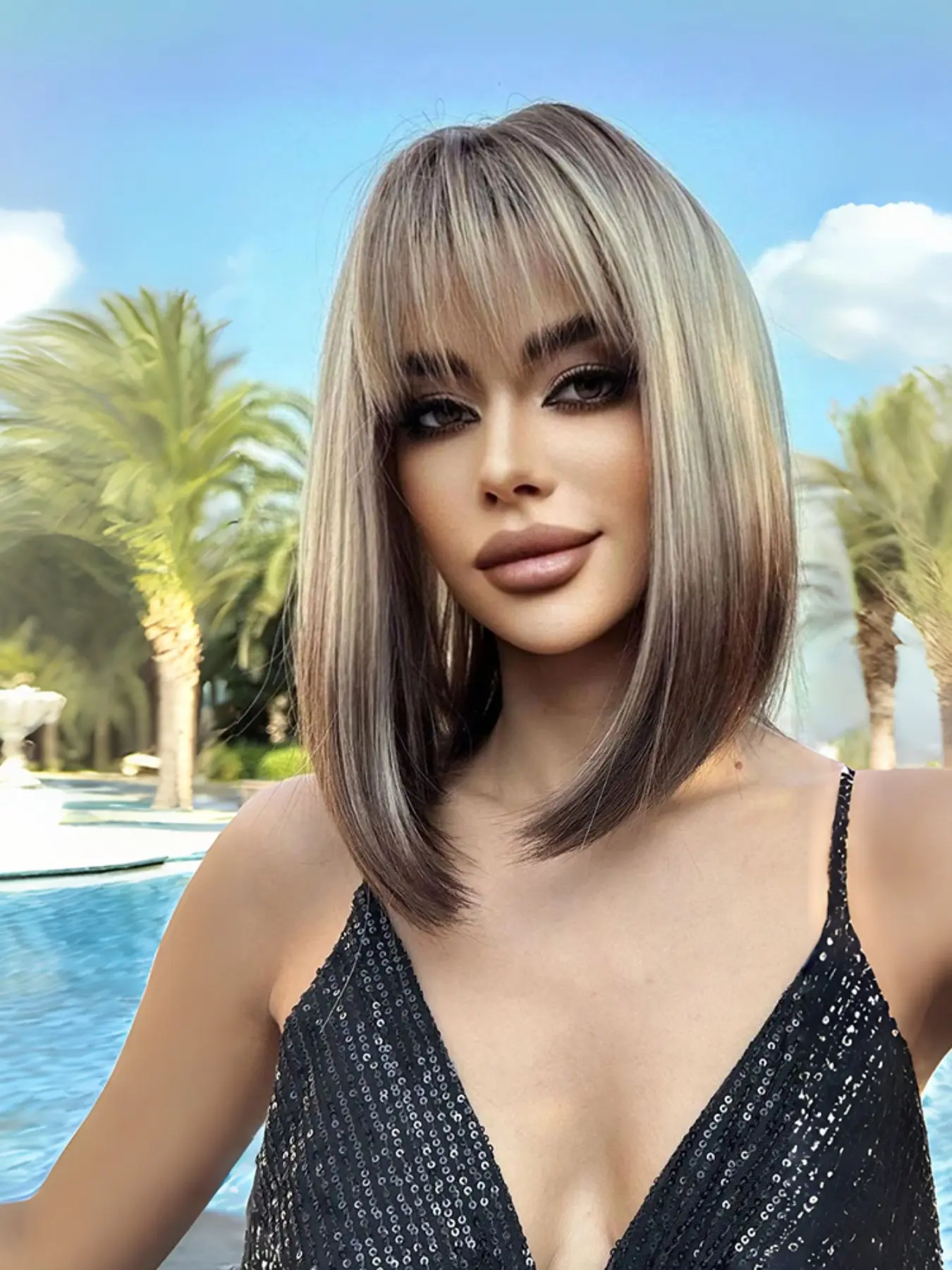 ombre blonde brown Short straight bob Wig with Bangs for Women Shoulder Length Bob Women's Charming Synthetic Smooth Wig Glueless Hair Wigs with natural blonde  Blonde To Brown Heat Resistant Hair for Daily Party Use