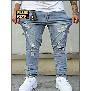 Men's Plus Size Light Blue Ripped Skinny Jeans, Distressed Denim Pants with Hole Detail, Stretch Cotton Jeans, Streetwear Casual Trousers, Trendy Fashion Jeans for Men, Y2K Style