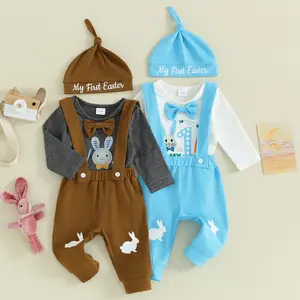 REDWOON Newborn Baby Boy Easter Outfit Bunny Letter Long Sleeve Romper Suspender Pants Set My First Easter Coming Home Outfit