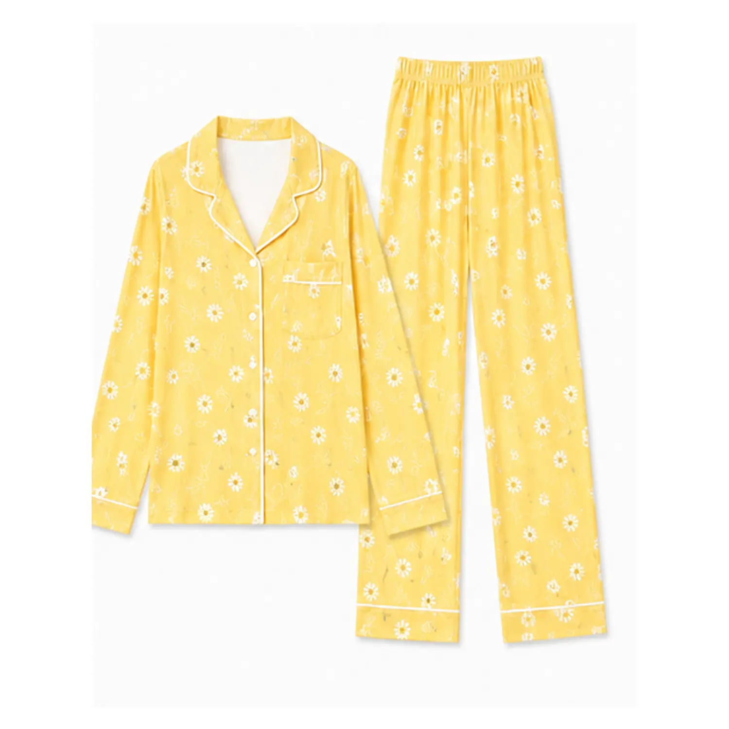 Black Floral Long Sleeve Button Front Pajama Set with Piping, Relaxed Fit Sleepwear Pants for Cozy Autumn and Winter Nights