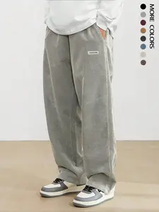 Men's Loose Letter Patched Drawstring Waist Straight Leg Pants, Unisex Casual Pocket Corduroy Trousers for Daily Wear, Lounge wear National Day Clothing Fashion Men's Bottoms Casual Streetwear Pants for All Seasons