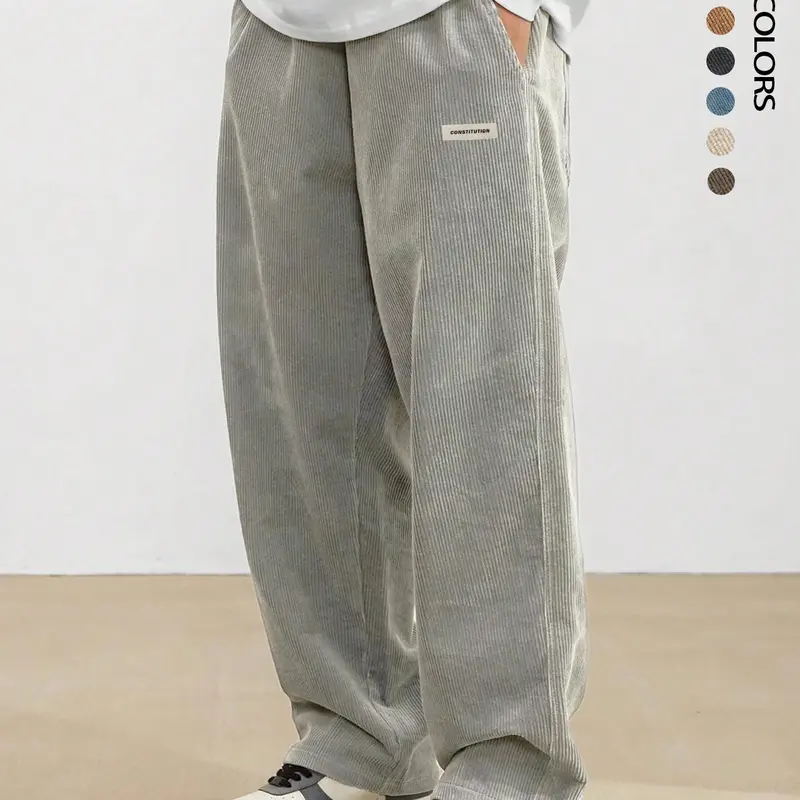 Men's Loose Letter Patch Drawstring Waist Straight Leg Pants, Unisex's Pocket Corduroy Trousers for Daily Wear, Casual Loose Fit Men's Bottoms for All Seasons, Casual Relaxed Fit, Casual Comfy Pants