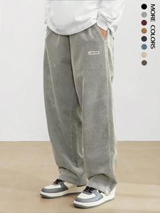 men's loose letter patched drawstring waist straight leg pants, casual pocket corduroy baggy trousers for daily wear, fashion classic men's bottoms for all seasons, pants for men, casual pocket design, menswear, casual streetwear trousers