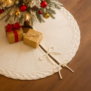 24 Inch Knitted Mini Christmas Tree Skirt, Coarse Twisted Weave with Woven Fan Trim, Perfect Holiday Decoration