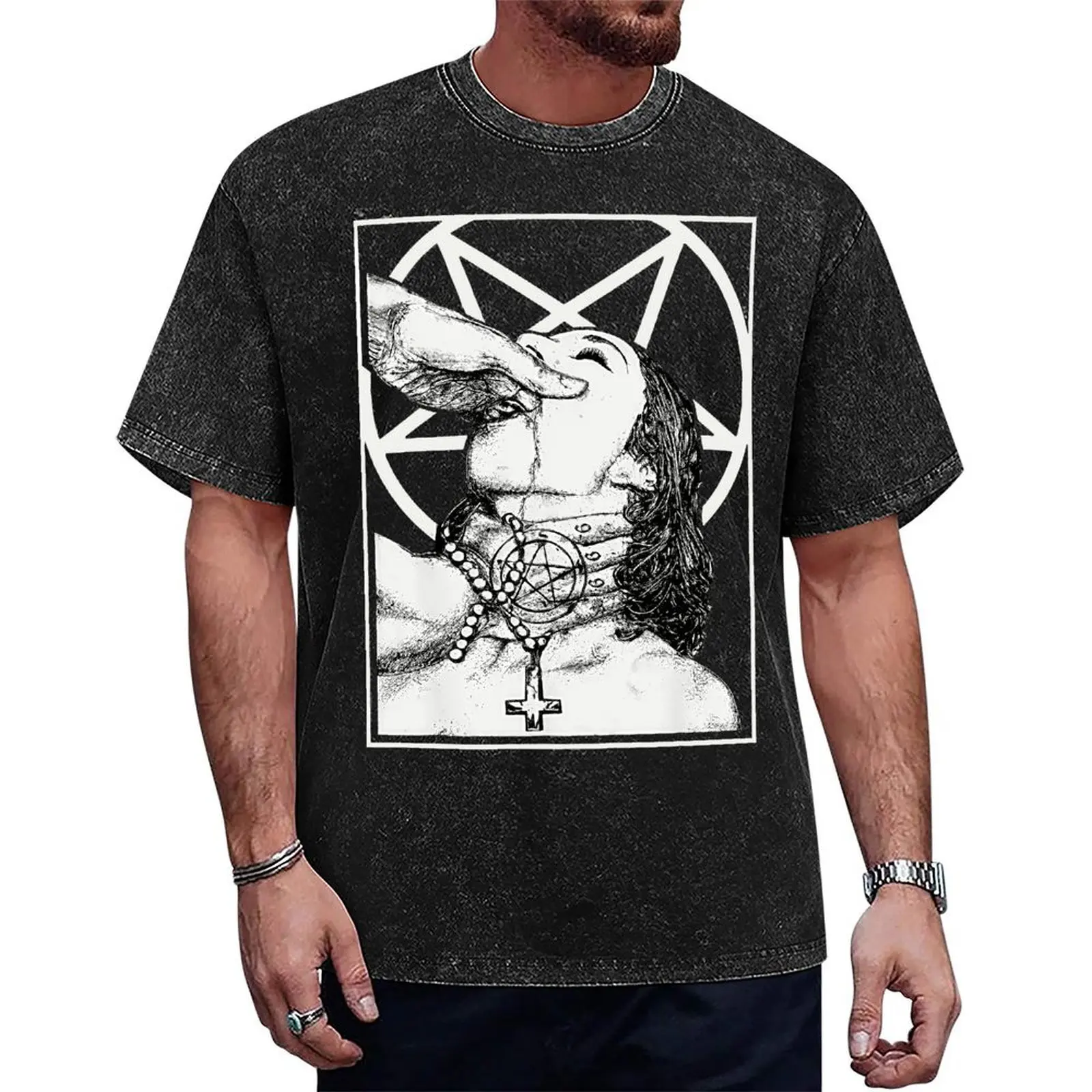 Vintage Unholy Nun Graphic T-Shirt - Heavyweight Washed Soft Cotton Round Neck Loose Oversized Short-Sleeve Casual Retro Top for Men, Sizes S-2XL, All Seasons Sports & Outdoor Sports Top