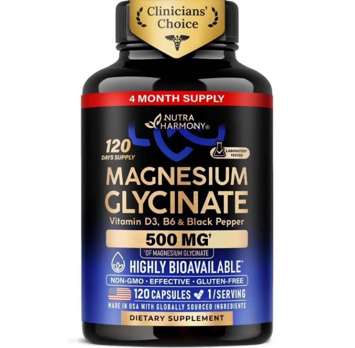 Magnesium Glycinate 500mg - VIT. B6 & D3 - Sleep, Muscle & Heart - 120 Caps | Magnesium Bisglycinate - Chelated High Absorption with Black Pepper - Magnesium for Women & Men - Lab Tested & Non-GMO