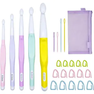 Large Crochet Hooks Set with Stitch Markers, Yarn Needles, Purple Pouch - 5 Sizes (8mm, 10mm, 12mm, 15mm, 20mm) - Ergonomic Plastic Crochet Hooks for Chunky Blanket Yarn