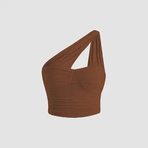 Cider [4 colors, size 2-10] Solid Ruched One Shoulder Crop Top