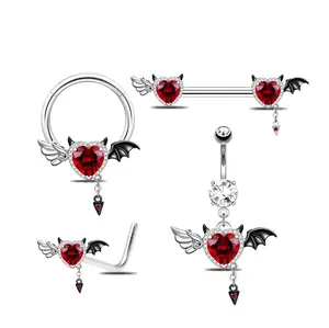 HERVAY Halloween 316L Stainless Steel Gothic Devil Heart Body Piercing Navel Ring Nose Stud Industrial Barbell Nipple Ring Septum Hoop Punk Jewelry Hypoallergenic Labret Cartilage Helix Daith Tragus Rook Lobe Studs