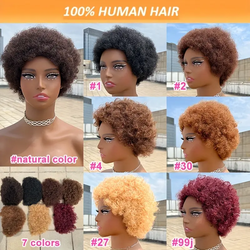 Women's 4inch Short Kinky Curly Full Machine-Made Human Hair Wig - 150% Density Brazilian Remy Hair, New Arrival, Soft & Fluffy Natural Look, Multiple Shades (Jet Black #1, #99j, Natural Color), Female