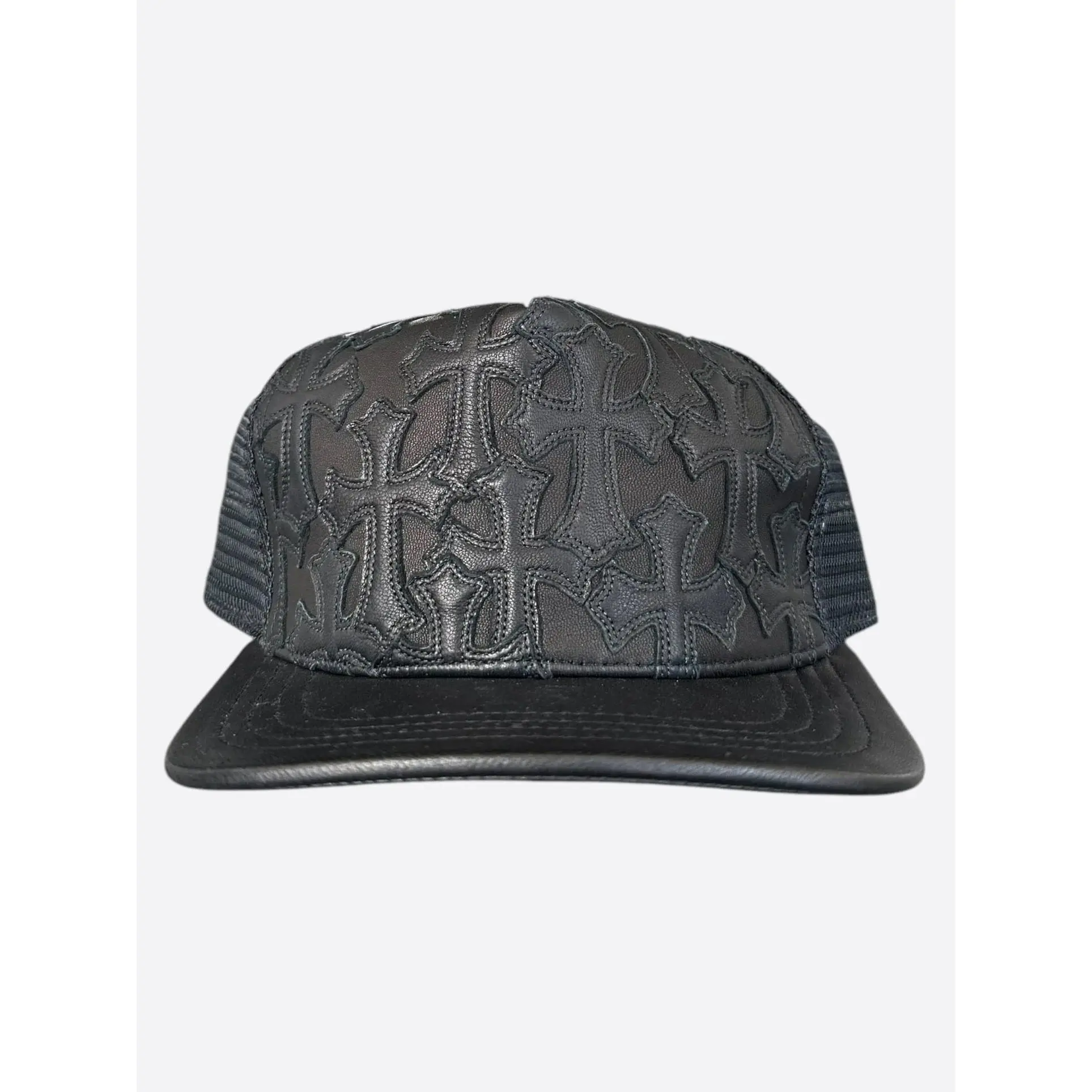 1184062 Chrome Hearts Cemetary Cross Leather Stitched Trucker Hat Black