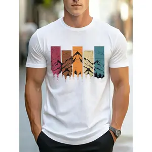 New Summer Men's Vintage Color-Block Mountain Forest Print Short-Sleeve T-Shirt, Casual Crew Neck Versatile Top