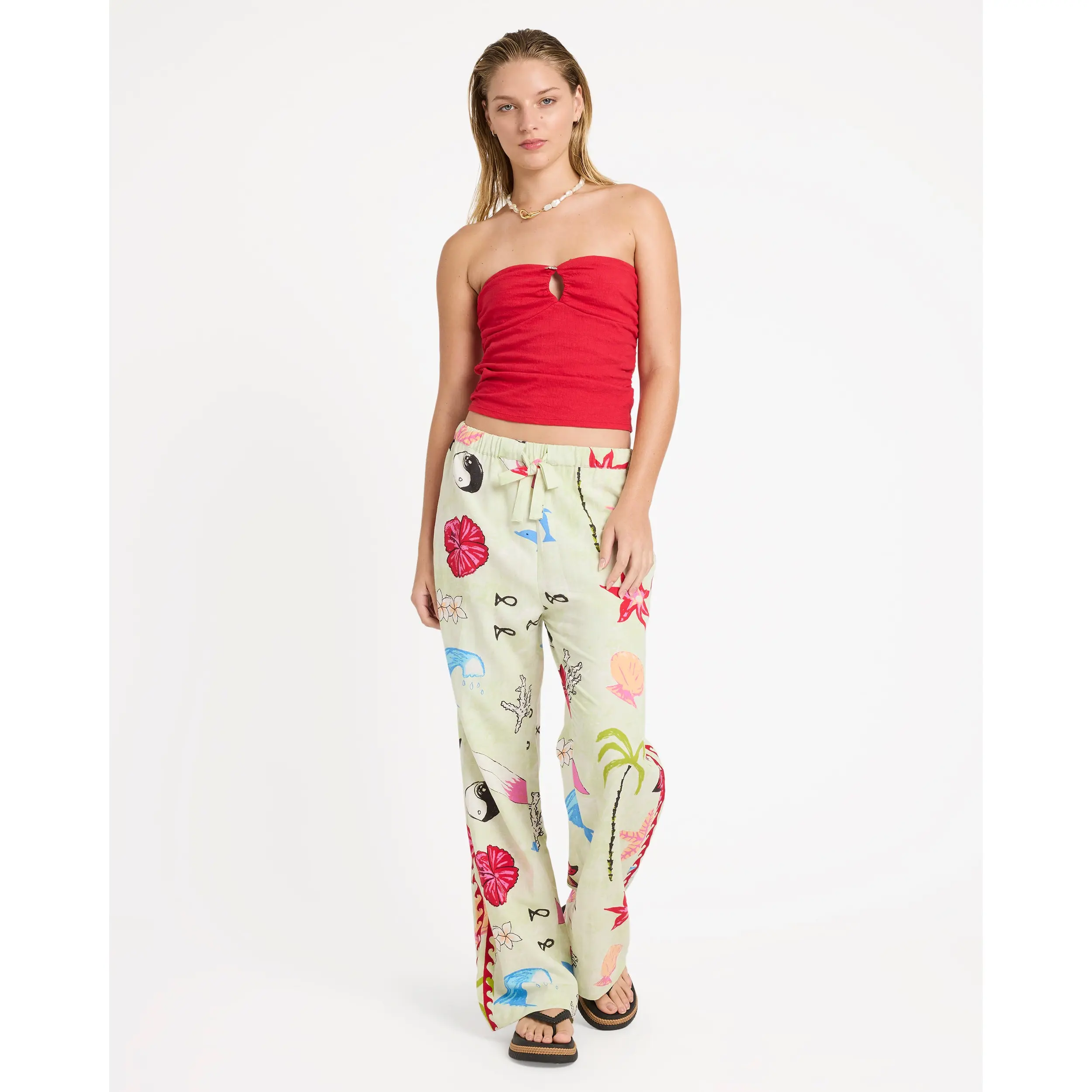 BILLABONG Women's Lottie Hall Woven Elastic Waist Pants, Drawstring Side Embroidery, Coastal Casual Summer Daily Trousers