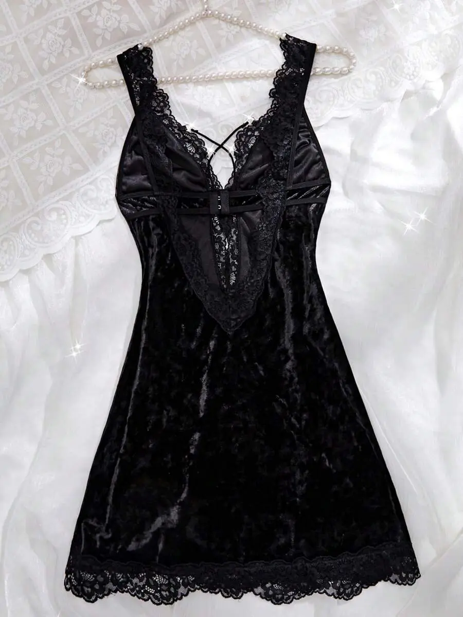 Sexy Lace Backless Velvet Nightgown Deep V Neck Sleeveless Nightdress with Side Slit, Comfortable and Elegant Sleepwear for Women!!