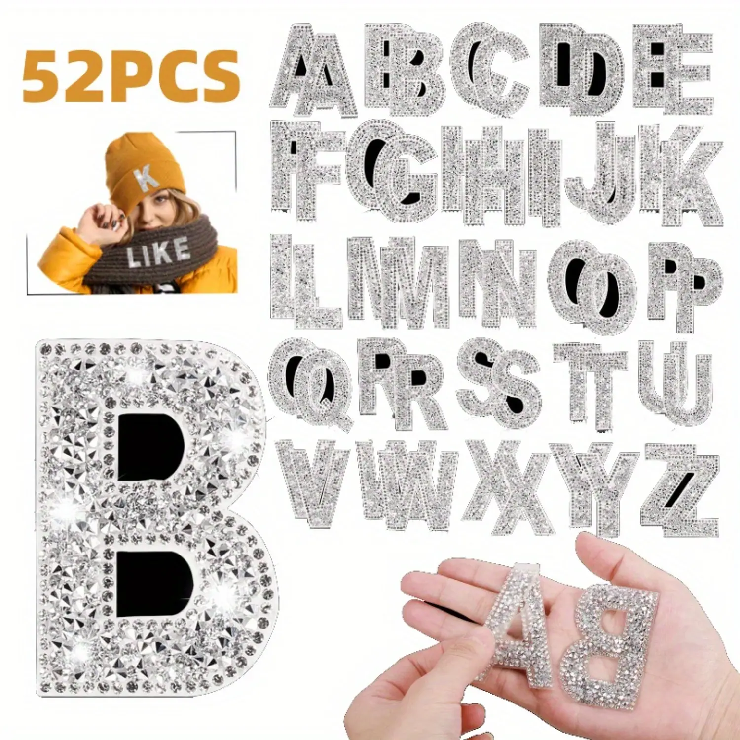 White 52-Piece Glitter Resin Rhinestone Alphabet Letter Stickers - A-Z Self-Adhesive & Hot Fuse Iron-On, Crystal Border, Glitter Look, High Shine for Art, Clothing DIY Works, Valentine’s Day Gift