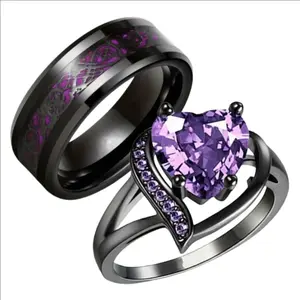 Couple‘s Promise Ring Set – Heart Design for Her & Dragon Ring for Him, Vintage Style in Purple, Red, Green & Blue, A Meaningful Engagement or Wedding Gift