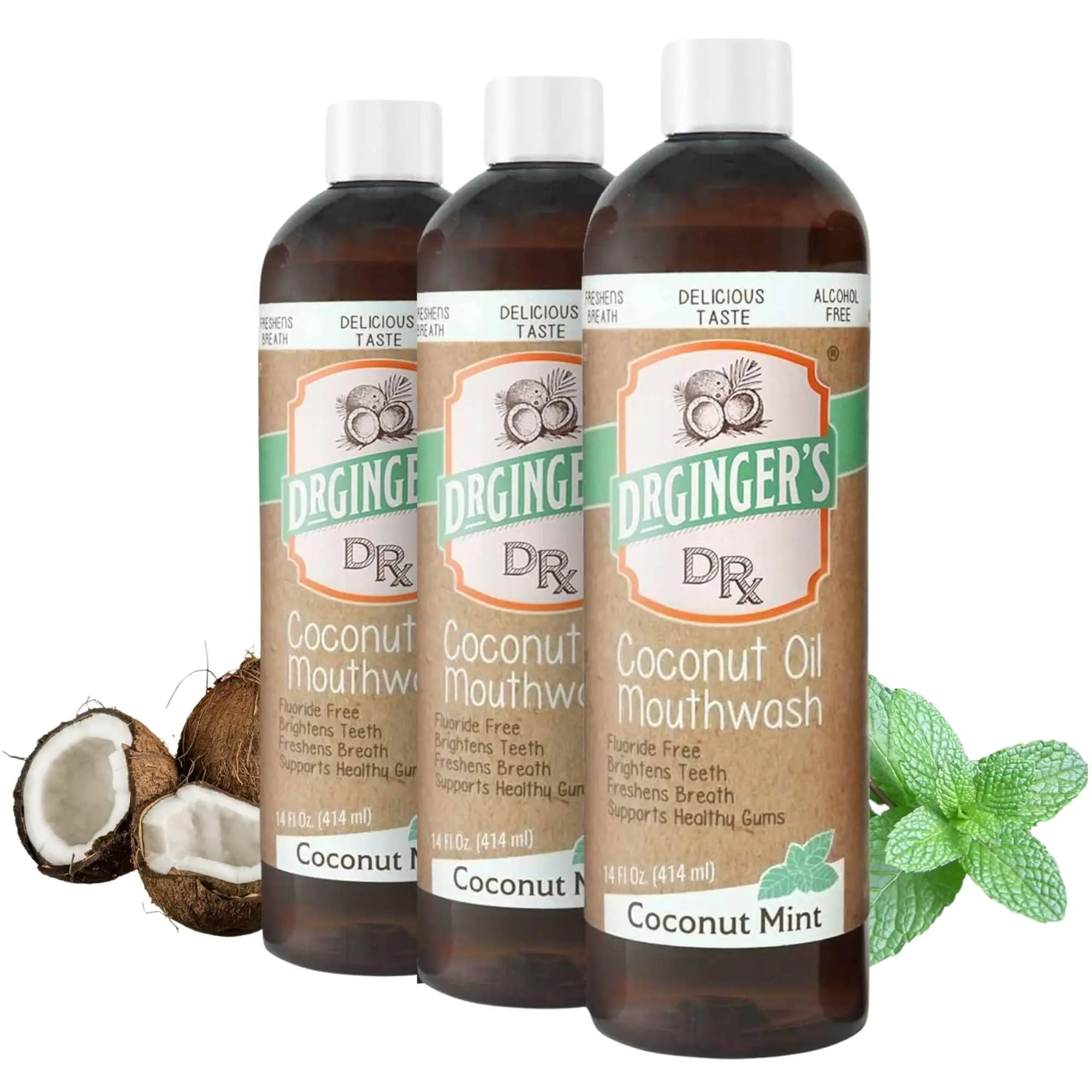 Dr. Ginger's Coconut Powered Mouthwash 3 Pack | Coconut Oil Pulling Mouthwash, Xylitol & Organic Aloe, Organic Coconut Oil, Peppermint, Fluoride Free, Oral Health, Made in USA