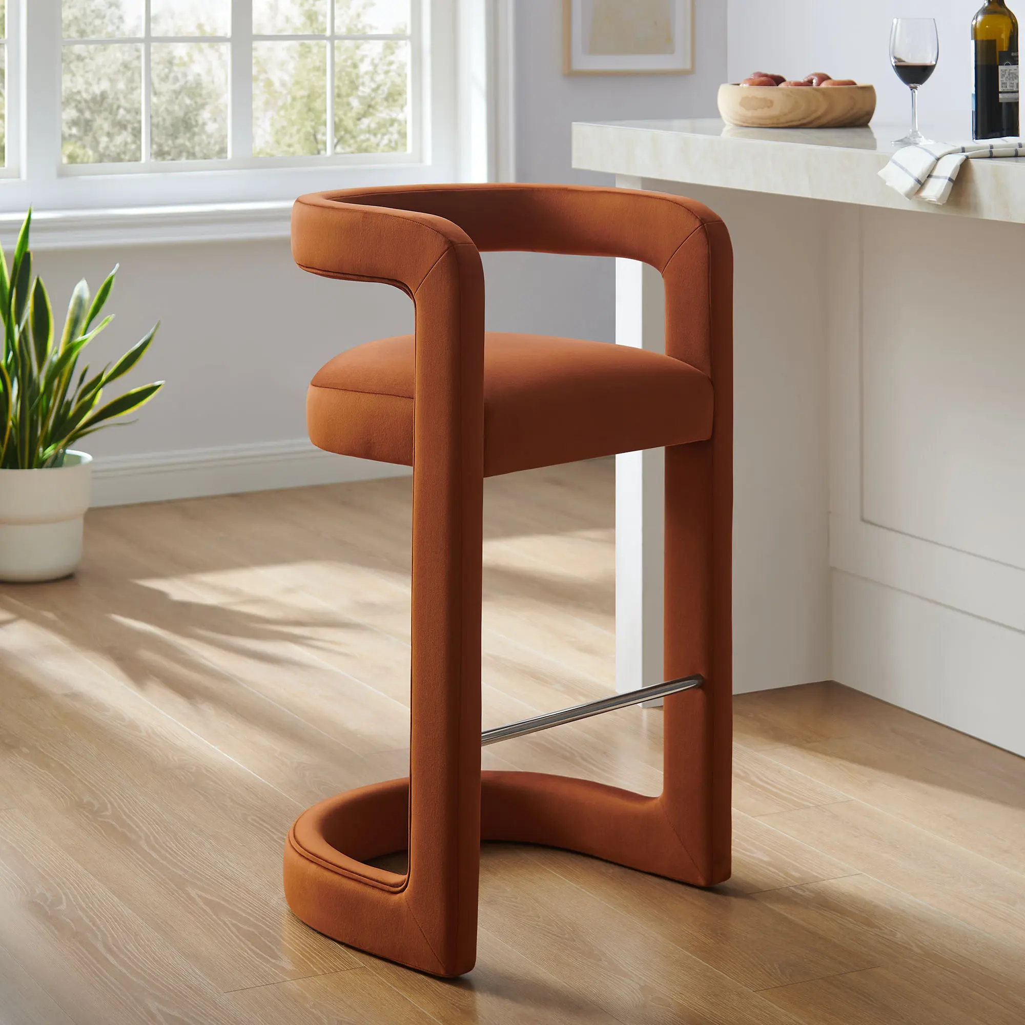 Winslow Performance Velvet Bar Stool - Rust, Home Bar Use, Continuous Armrests, Dense Foam Padding, Modern Aesthetic, Open Backrest Indoor Furniture Chair, Stainless Steel Footrest