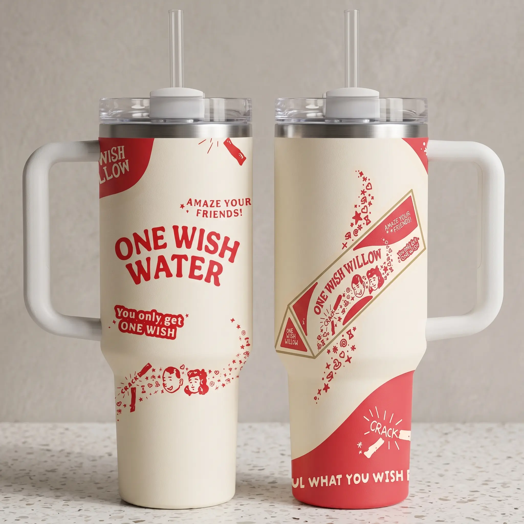 One Wish Water Obsession Inspired 40oz Insulated Cup with Handle, One Wish Willow Cup, Funny Mug Cup, Vintage Aesthetic Travel Tumbler for Hot & Cold Drinks, Trendy Mug, Gift for Friend