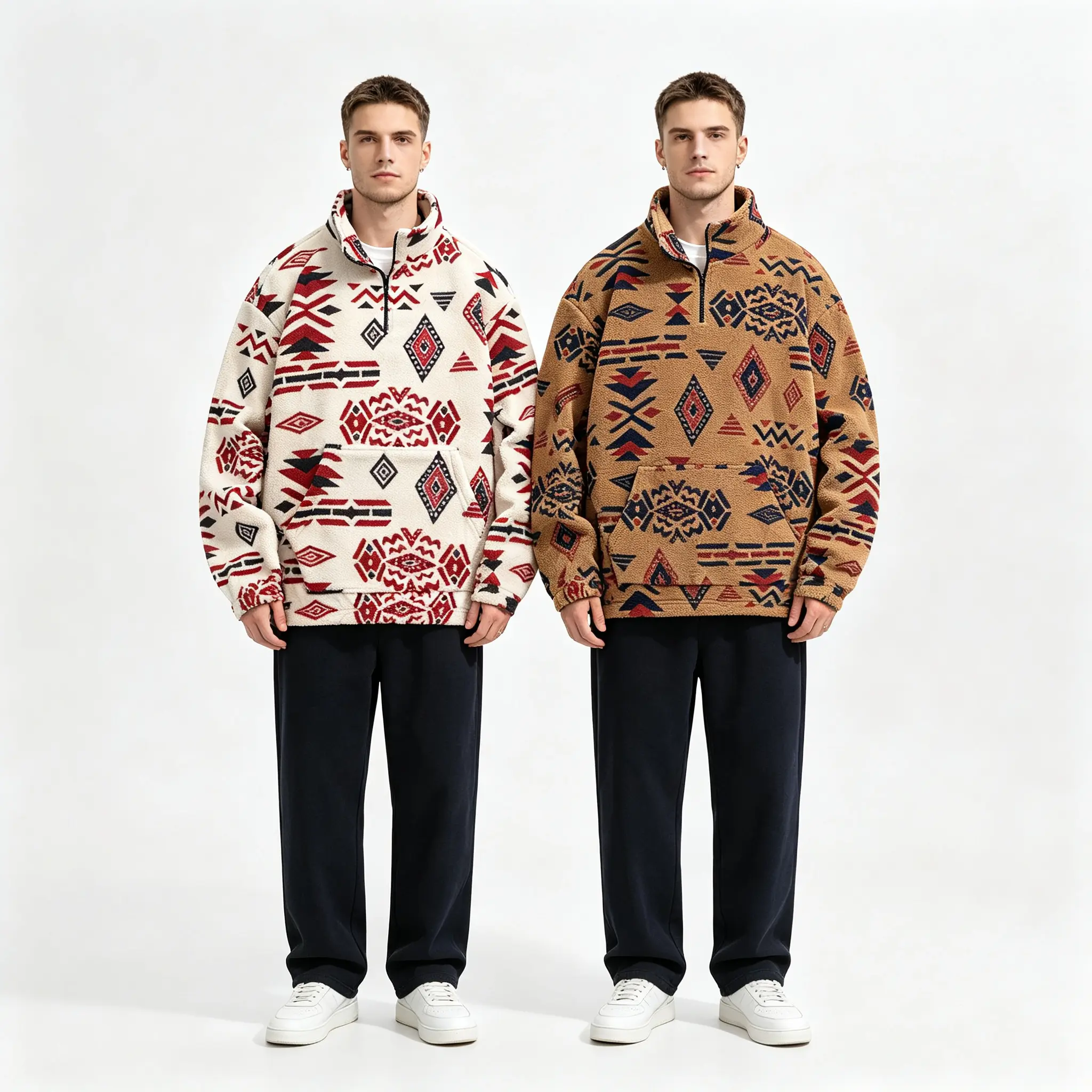 Men's Retro Geometric Tribal Pattern Long Sleeve Fleece Pullover Sweatshirts - 3/4 Zip Menswear Casual Tops, 2-Pack (Khaki & Deep Green), Suitable for Everyday Outings & Camping