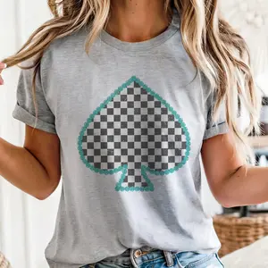 Vintage Western Tee Retro Boho Checkered Spade T-Shirt Checkerboard Turquoise Cowboy Tshirt Unisex Sublimation Womenswear Casual Crewneck Cowgirl Tee