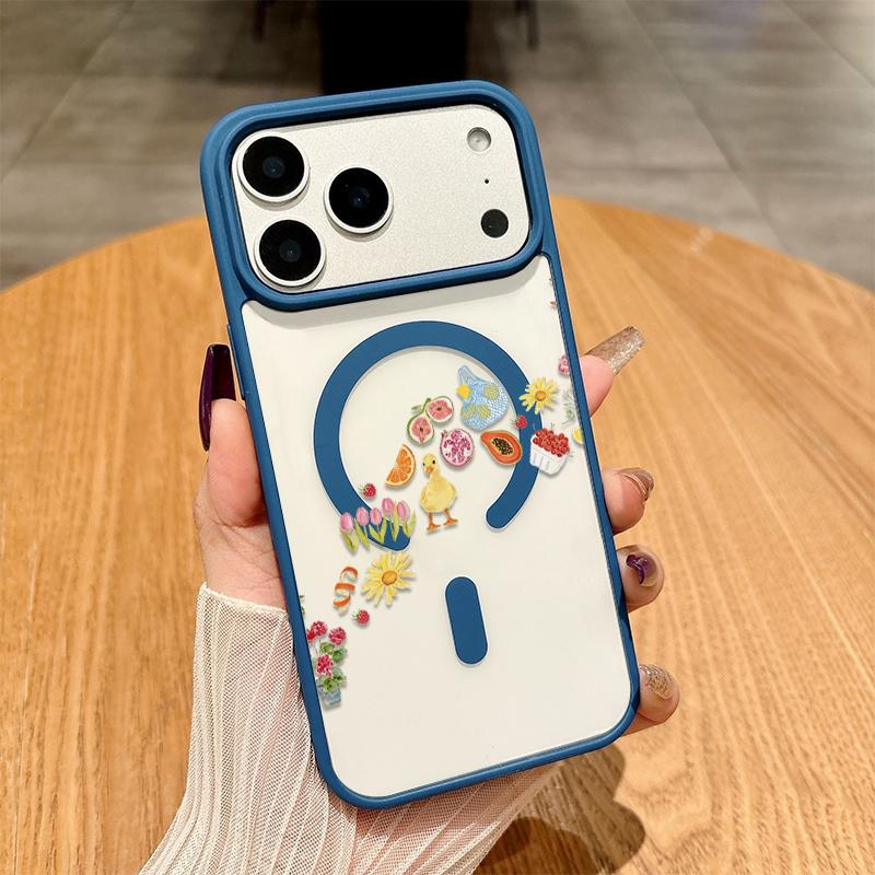 Adorable Duck Surrounded By Colorful Fruits Phone Case Featuring A Soft Tpu Back With Built-In Strong Magnet Ring, Blending Smooth Macaron Texture With Secure Magsafe Compatibility For iPhone 17 16 15 14 13 12 11 X XS