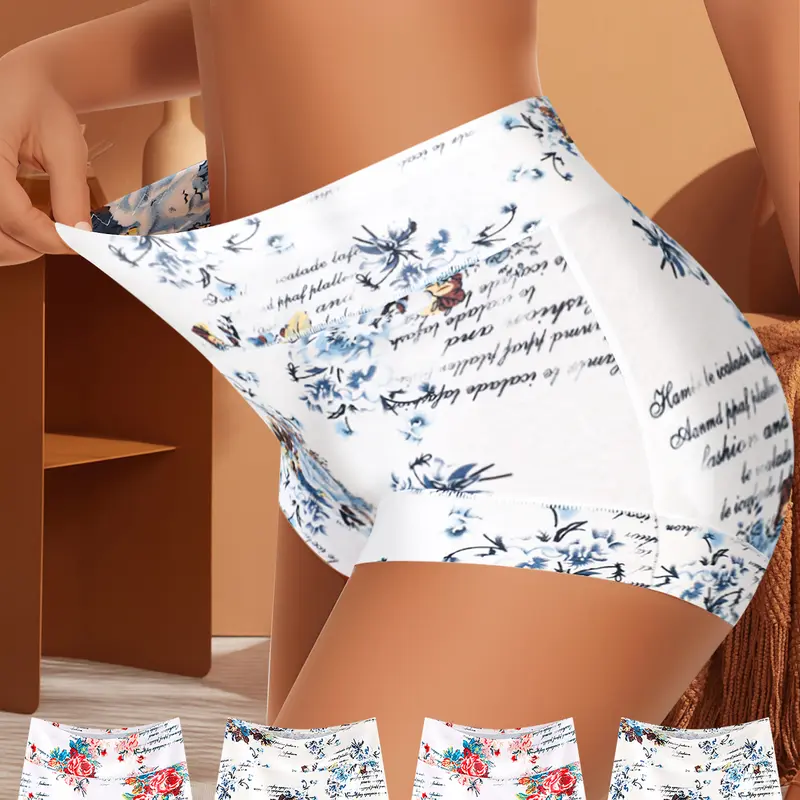 QUASTl 4-Piece Set Women's Fashion Panties - Soft,Breathable, Skin-Friendly Fabrics Multi-Color Pattern Design,Comfortable, Versatile, Elegant,Suitable for Various OccasionsWomenswear Floral