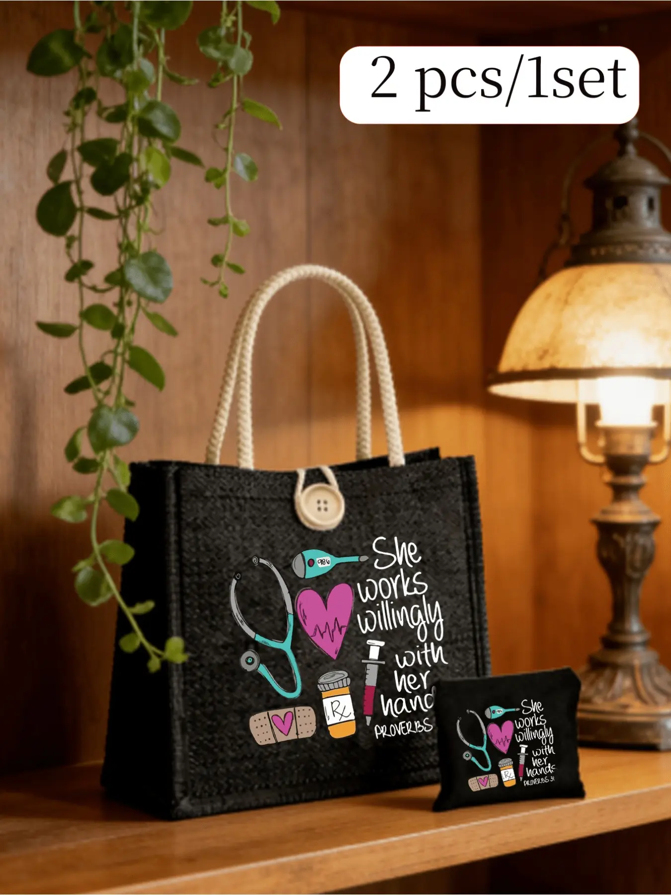 Christian care-themed tote & pouch set with proverbs print, made of durable fabric, ideal for nurses and medical staff, Black linen bag multi-purpose for work and daily use, gifts for festivals and graduations, commuter tote, Versatile tote bag