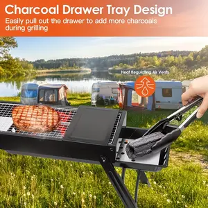 Travel-Friendly 23" Charcoal Grill – Heavy-Duty Foldable BBQ with Expandable Design & Tongs for Backyard, Camping & Outdoor Cooking