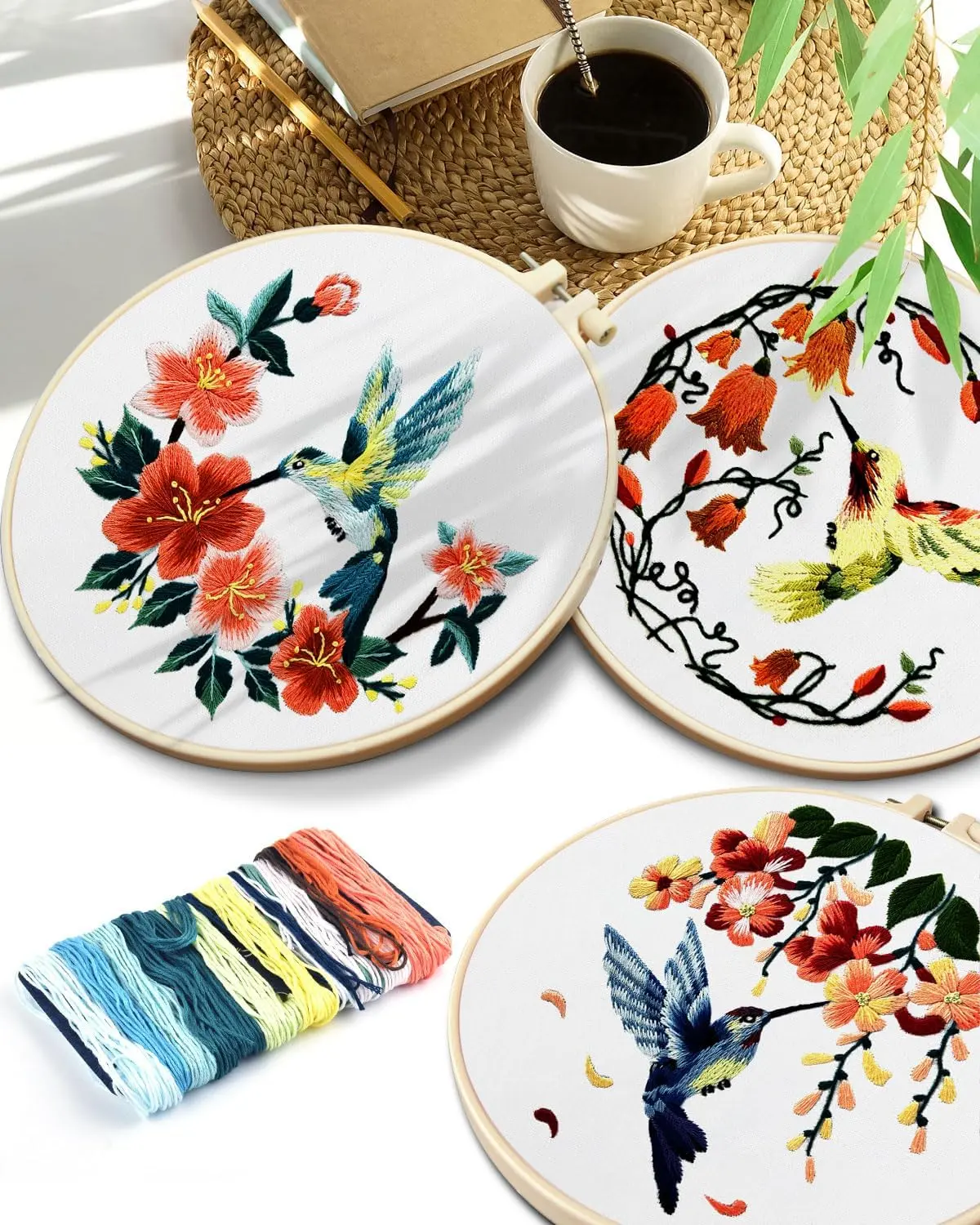 3 Sets of Hummingbird Flower Embroidery Kit Beginners Adults Embroidery Starter Kit with Pattern and Instructions, Stamped Kits, Gifts Valentine's Day, Mother's Day, Birthday