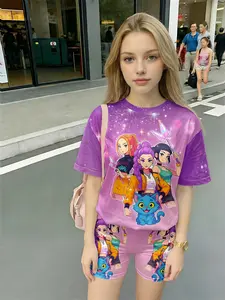 Cartoon Girl Set, Pink-Purple Starry Trio Girls + Magic Blue Cat Print T-shirt + Matching Shorts, Kids Trendy 2-Piece Outfit, Casual Fashion Set