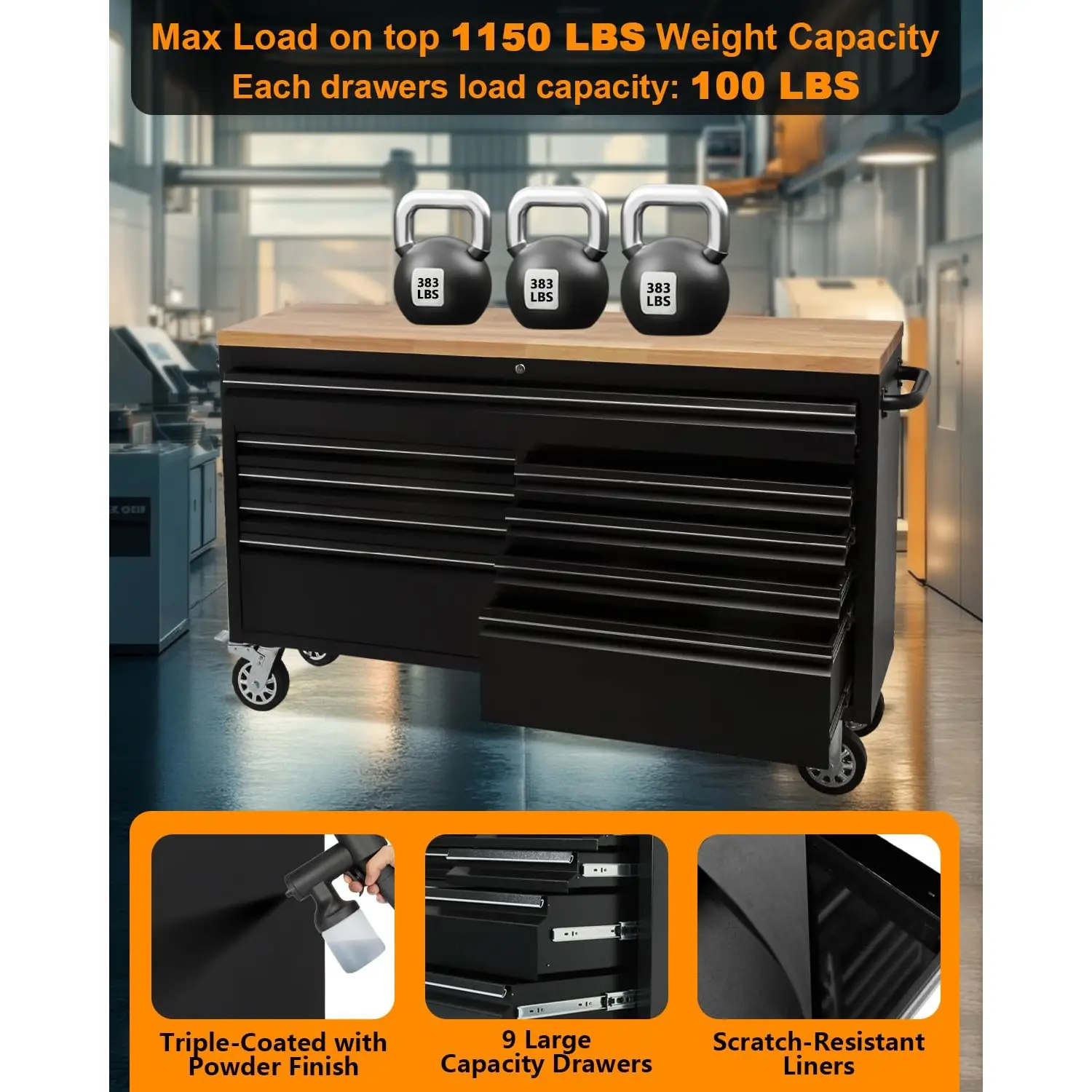 Heavy-duty Rolling Tool Cabinet with 9 Lockable Drawers, Rubberwood Countertop, Steel Storage Cabinets, and Workshop Workbench, Suitable for Garage Workshops, Includes Key Lock, Drawer Liners, and Black Wheels